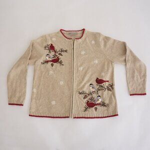 Vintage Croft & Barrow Tan Red Embroidered Cardinal Snowflake Zip Up Sweater XL
